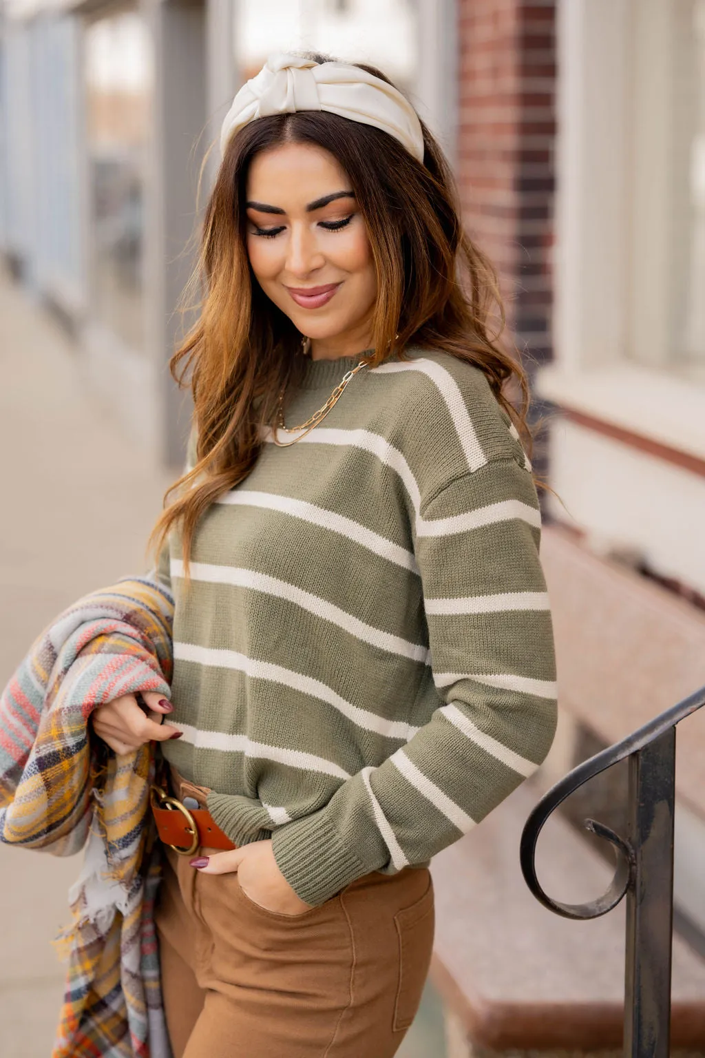 Scalloped Trim Striped Sweater