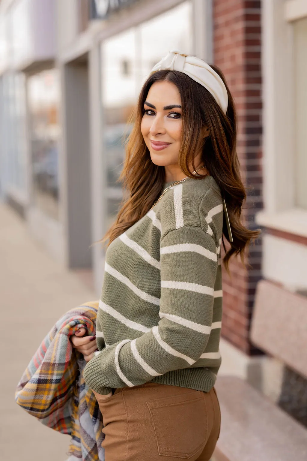 Scalloped Trim Striped Sweater