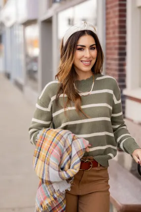 Scalloped Trim Striped Sweater