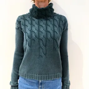 Sea Green Distressed Look Cable Cashmere Polo Neck Jumper Small