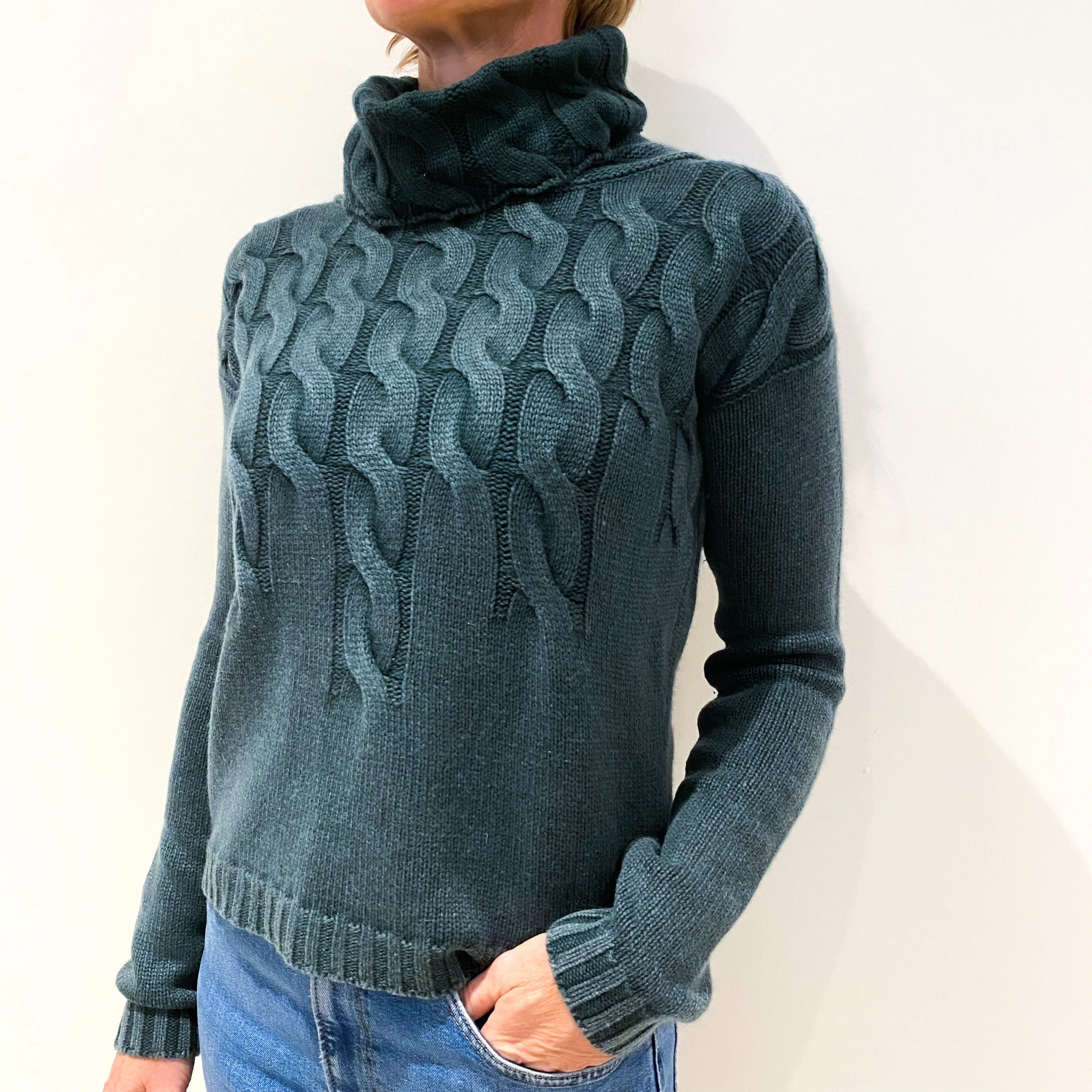 Sea Green Distressed Look Cable Cashmere Polo Neck Jumper Small