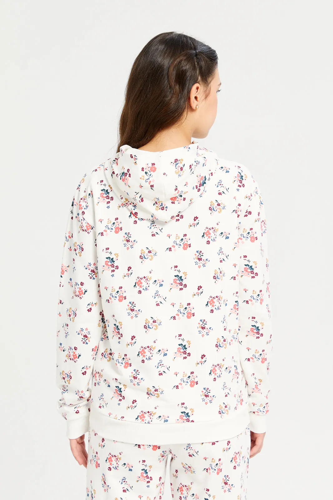 Senior Girls Cream Ditsy Print Hooded Sweatshirt