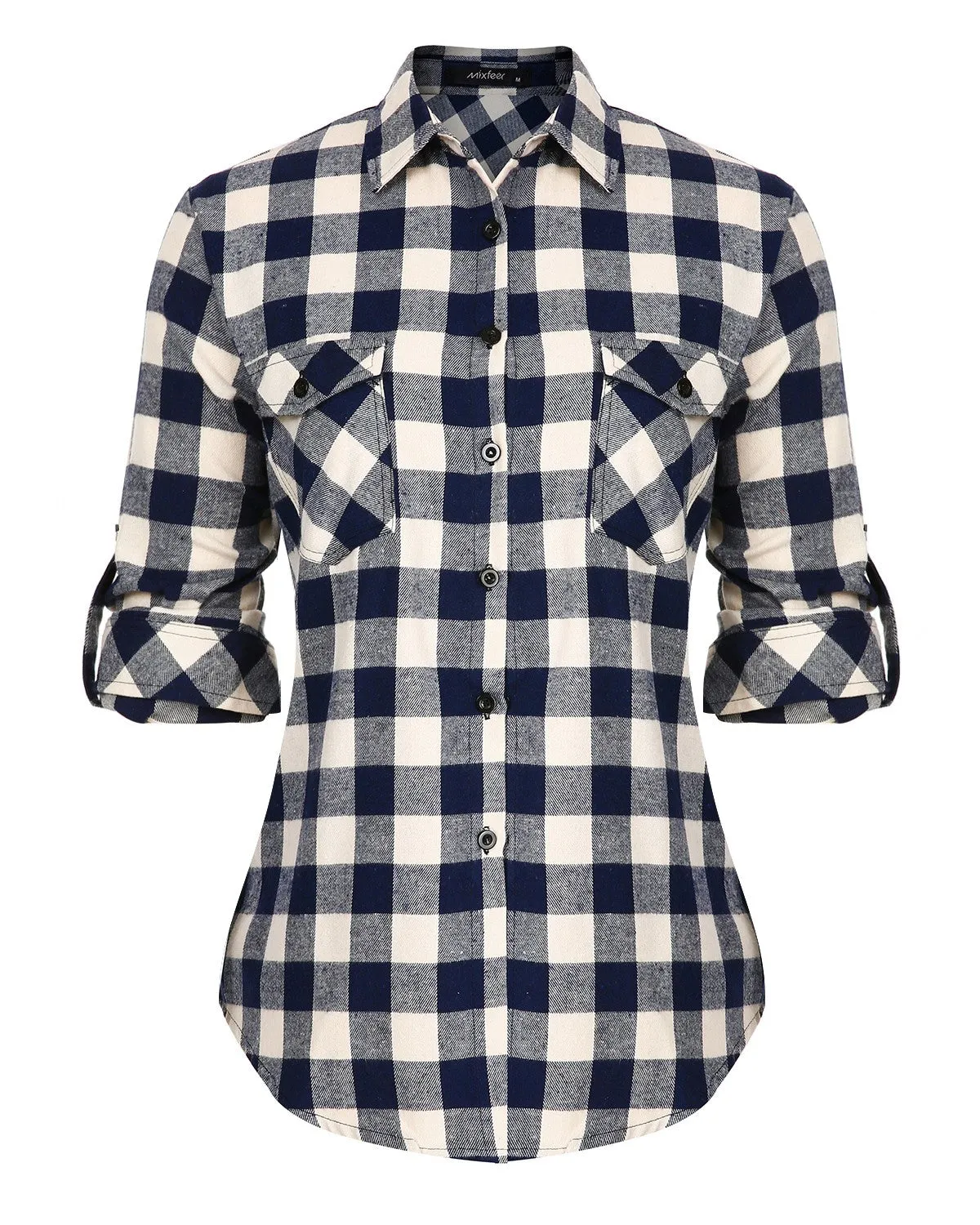 Sidiou Group Casual Loose Plaid Roll Up Sleeve Button Down Shirt Dark Blue XL