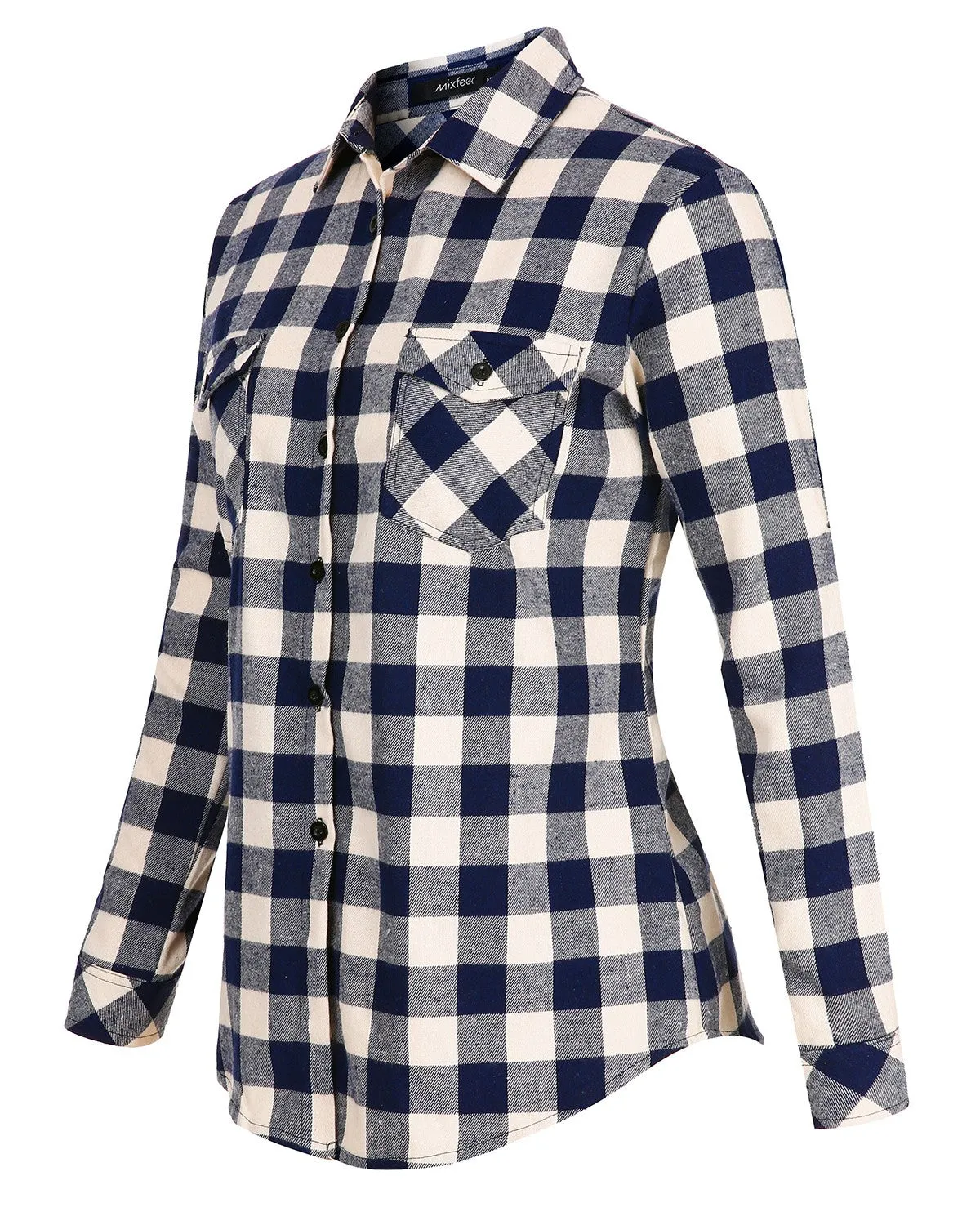 Sidiou Group Casual Loose Plaid Roll Up Sleeve Button Down Shirt Dark Blue XL