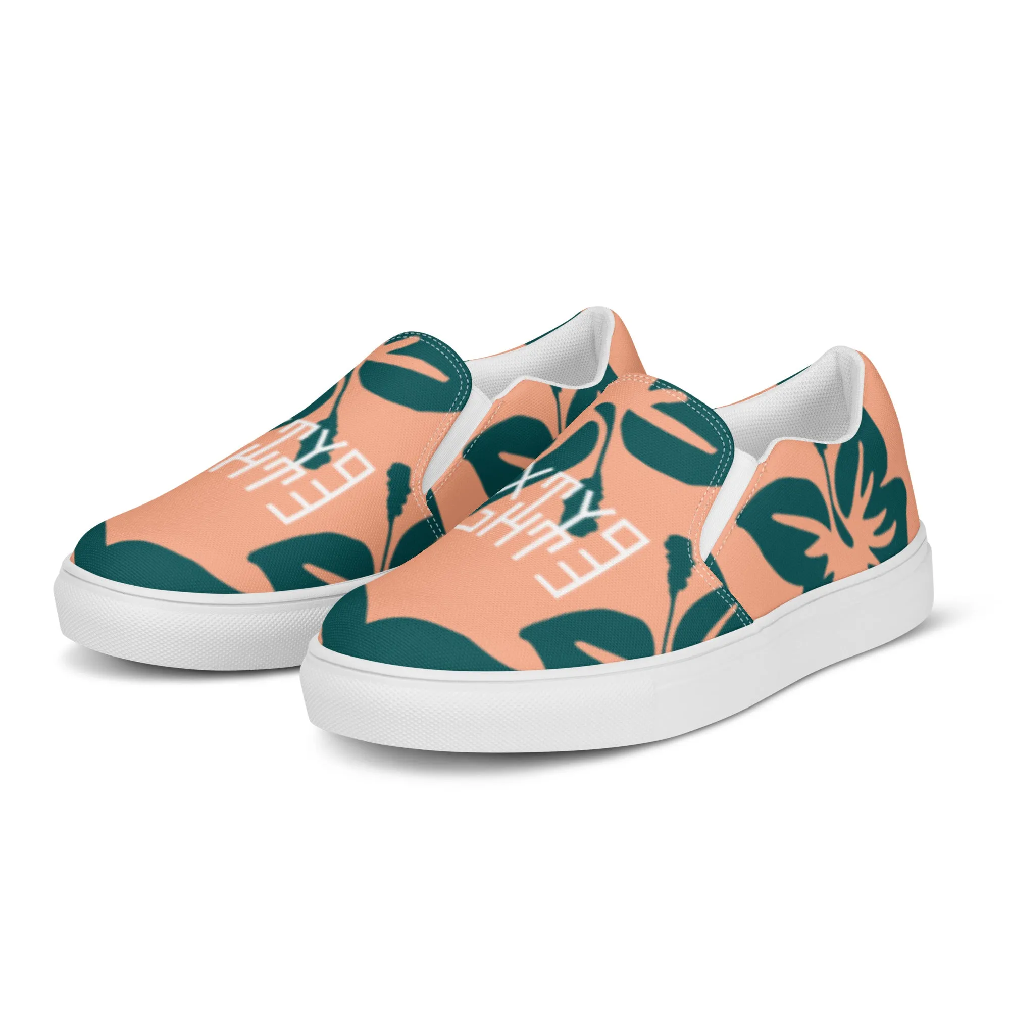 Sixty Eight 93 Logo White Hibiscus Dark Teal Peach Men's Slip On Shoes