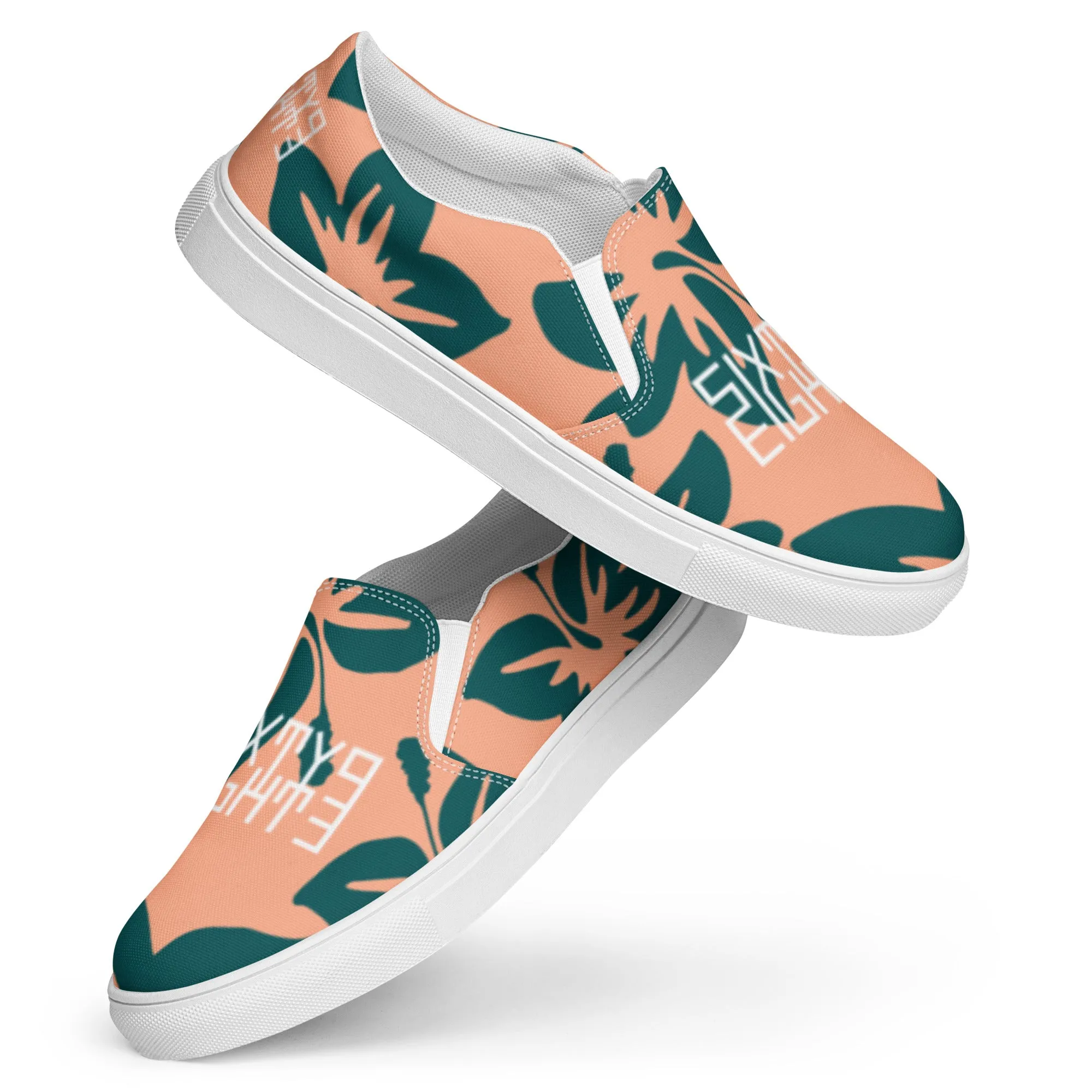 Sixty Eight 93 Logo White Hibiscus Dark Teal Peach Men's Slip On Shoes
