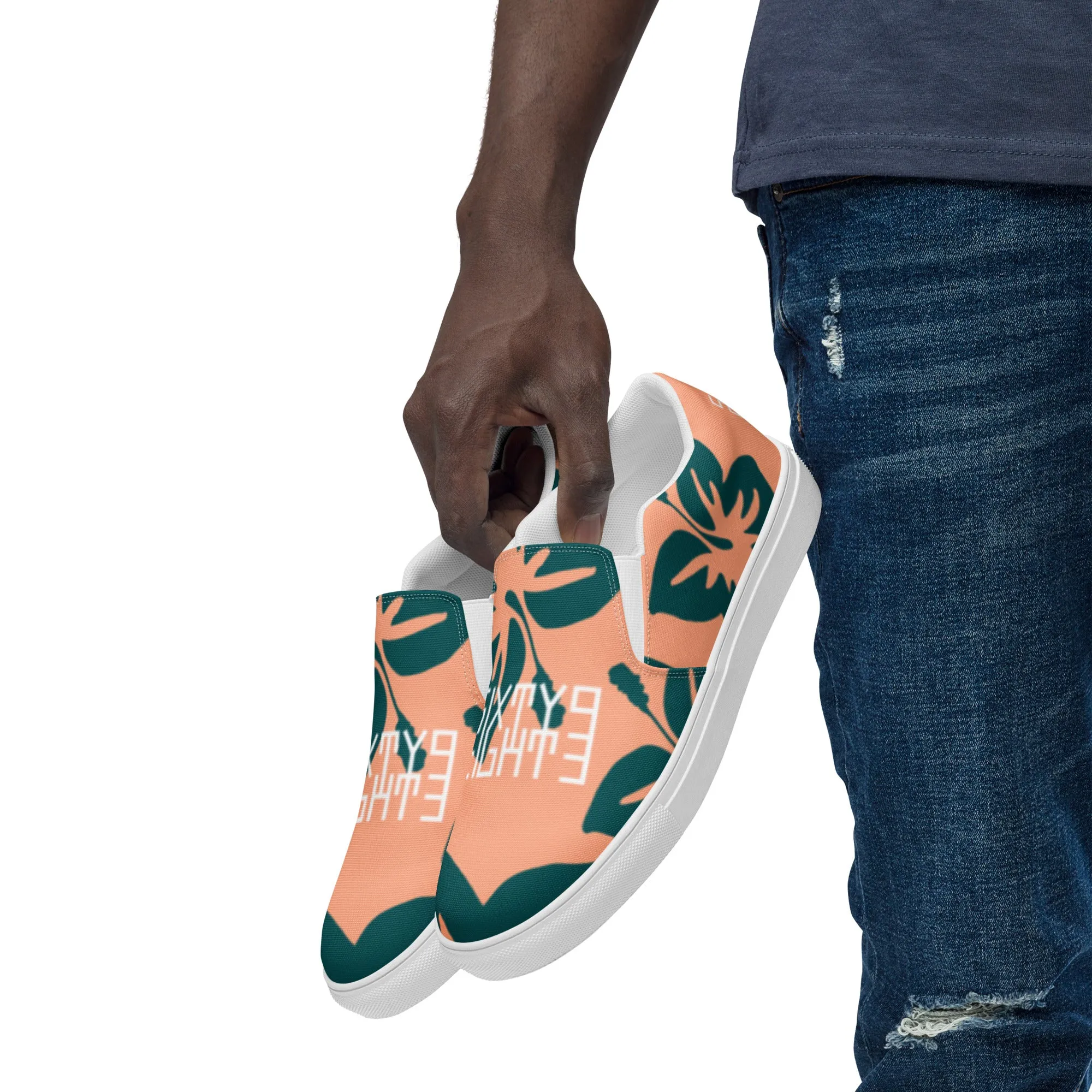Sixty Eight 93 Logo White Hibiscus Dark Teal Peach Men's Slip On Shoes