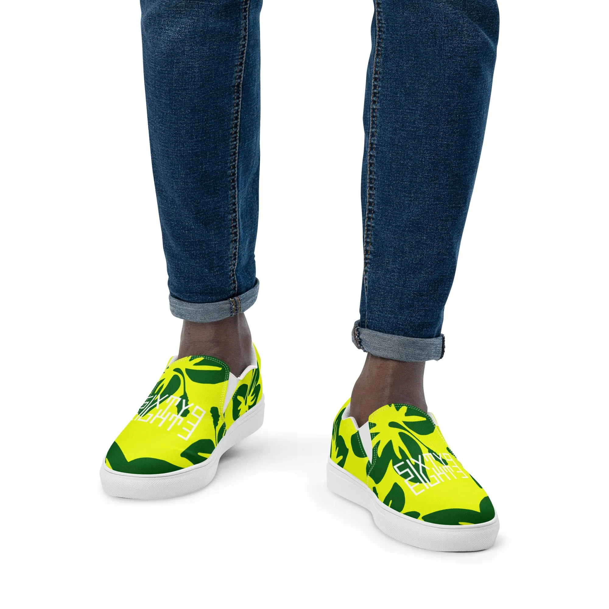 Sixty Eight 93 Logo White Hibiscus Forest Green & Yellow Men's Slip On Shoes