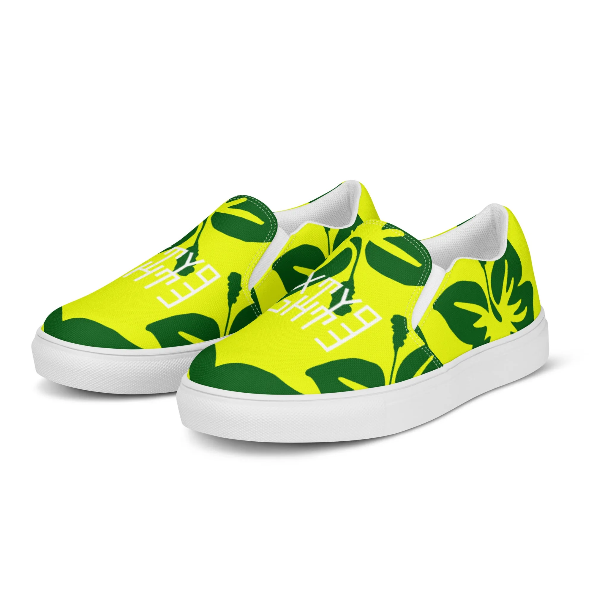 Sixty Eight 93 Logo White Hibiscus Forest Green & Yellow Men's Slip On Shoes