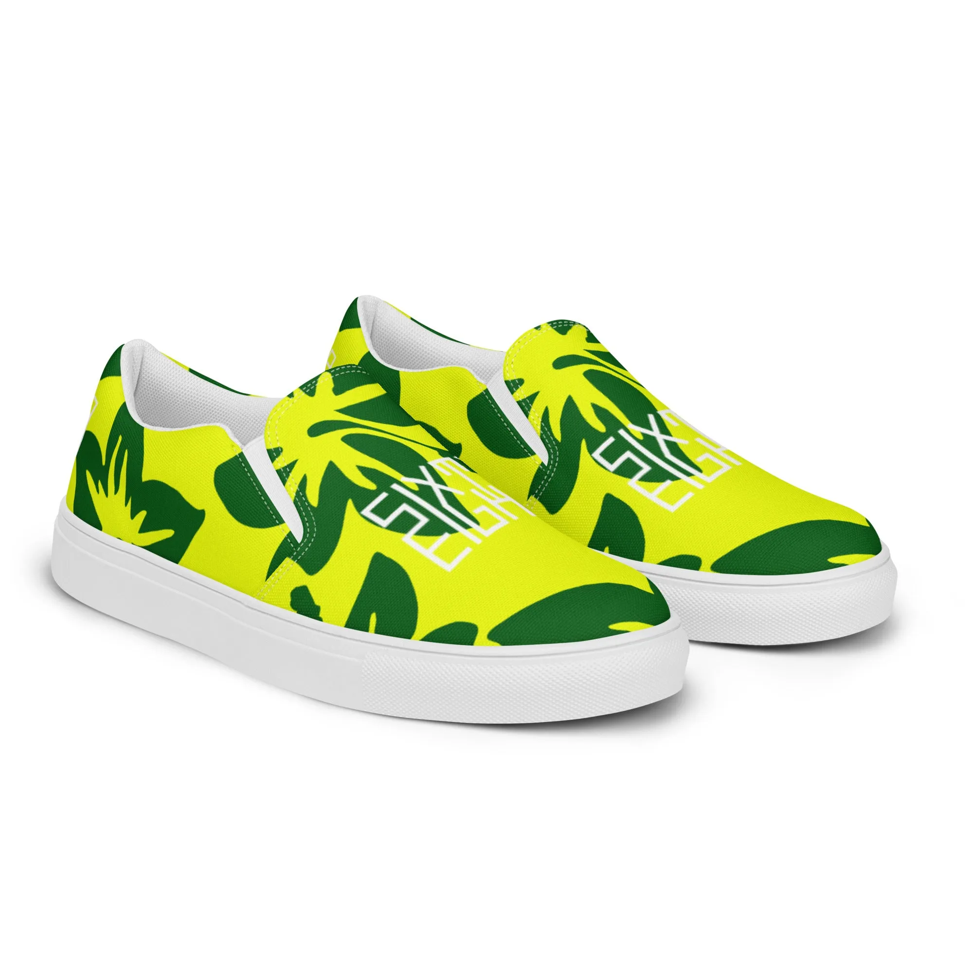 Sixty Eight 93 Logo White Hibiscus Forest Green & Yellow Men's Slip On Shoes