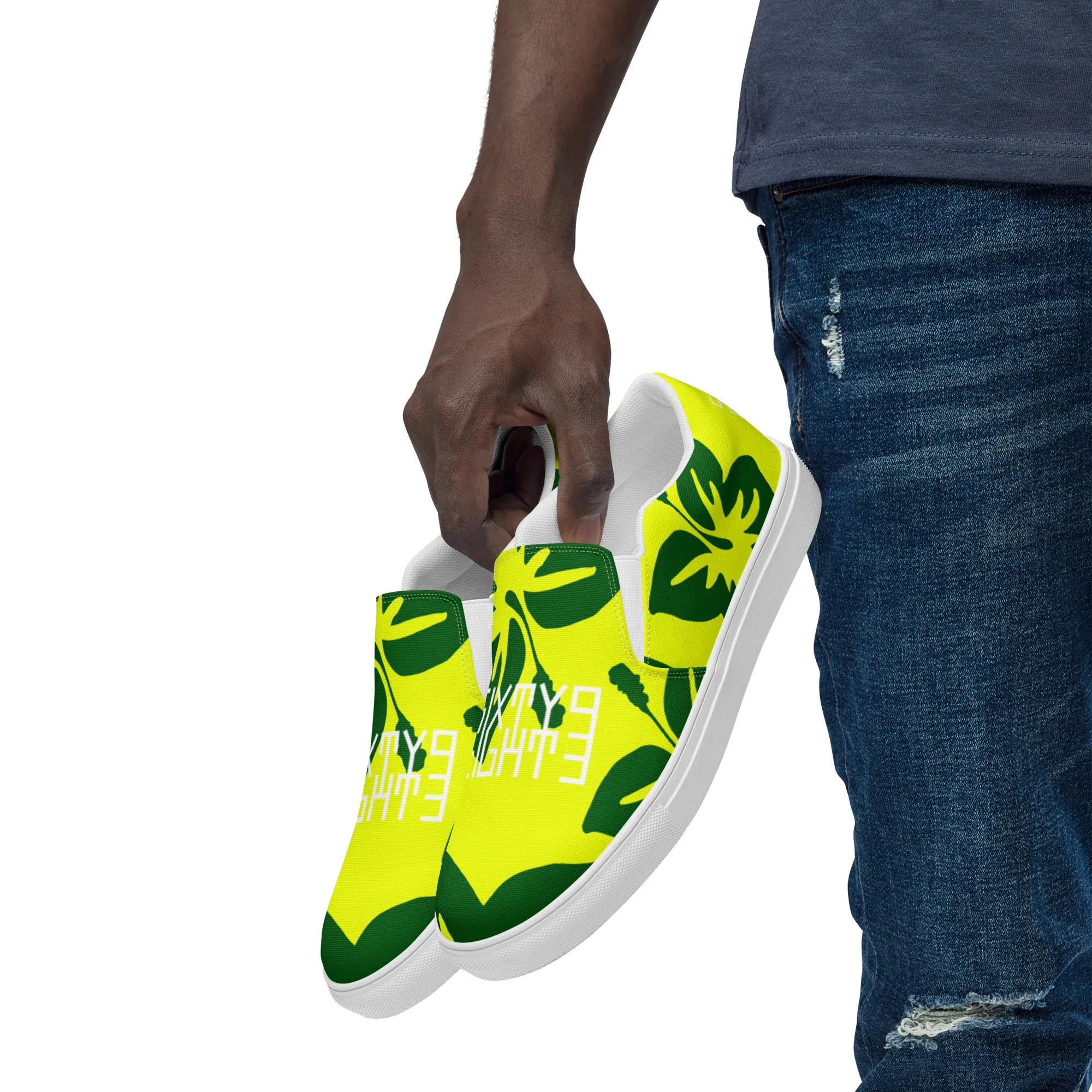 Sixty Eight 93 Logo White Hibiscus Forest Green & Yellow Men's Slip On Shoes