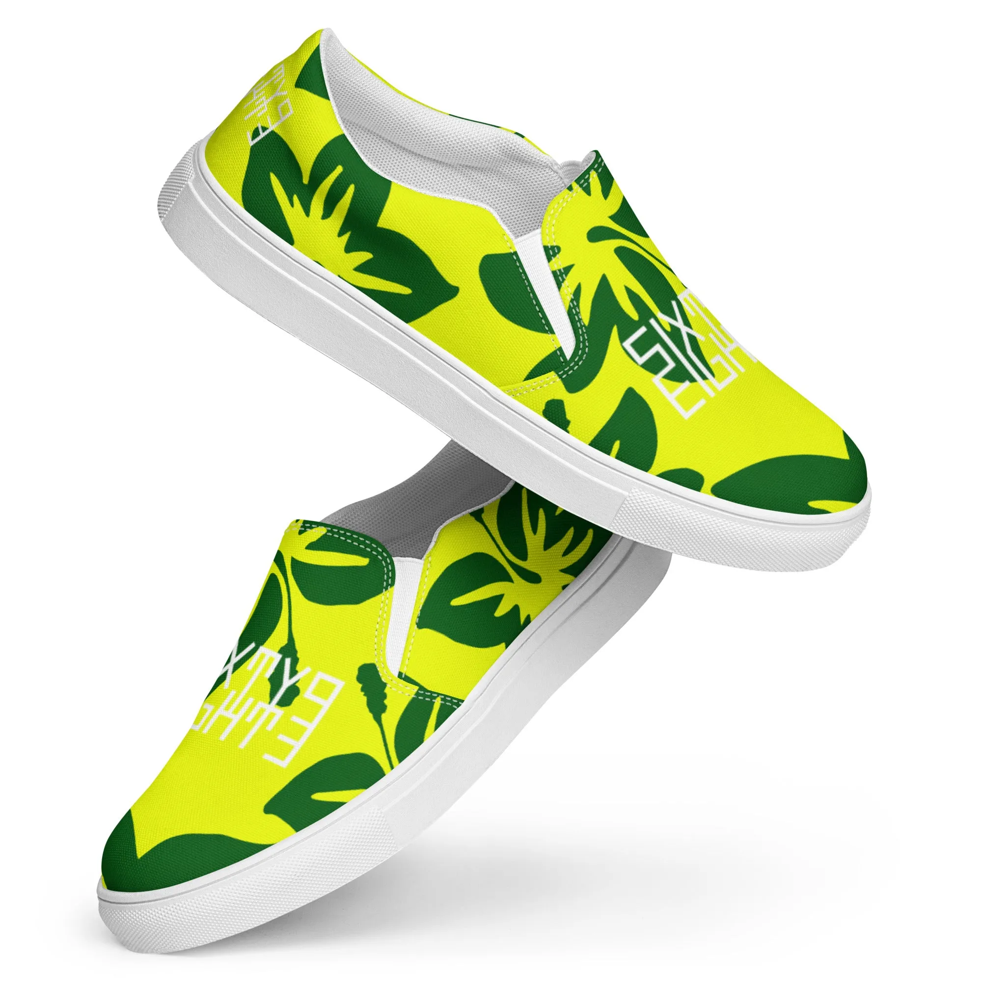 Sixty Eight 93 Logo White Hibiscus Forest Green & Yellow Men's Slip On Shoes