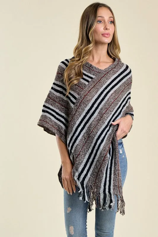 Stripe V Neck Knit Poncho Sweater