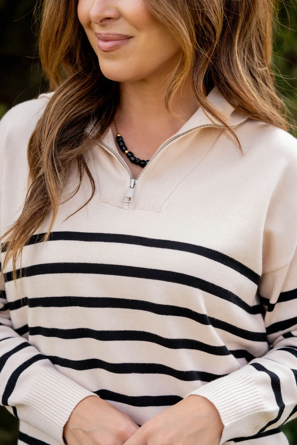 Striped Bottom Quarter Zip Pullover Sweatshirt