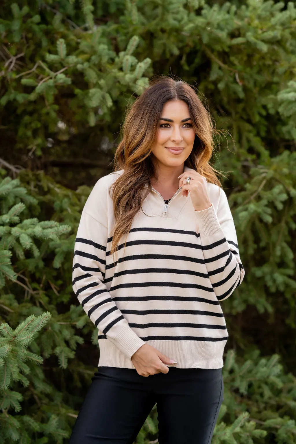 Striped Bottom Quarter Zip Pullover Sweatshirt