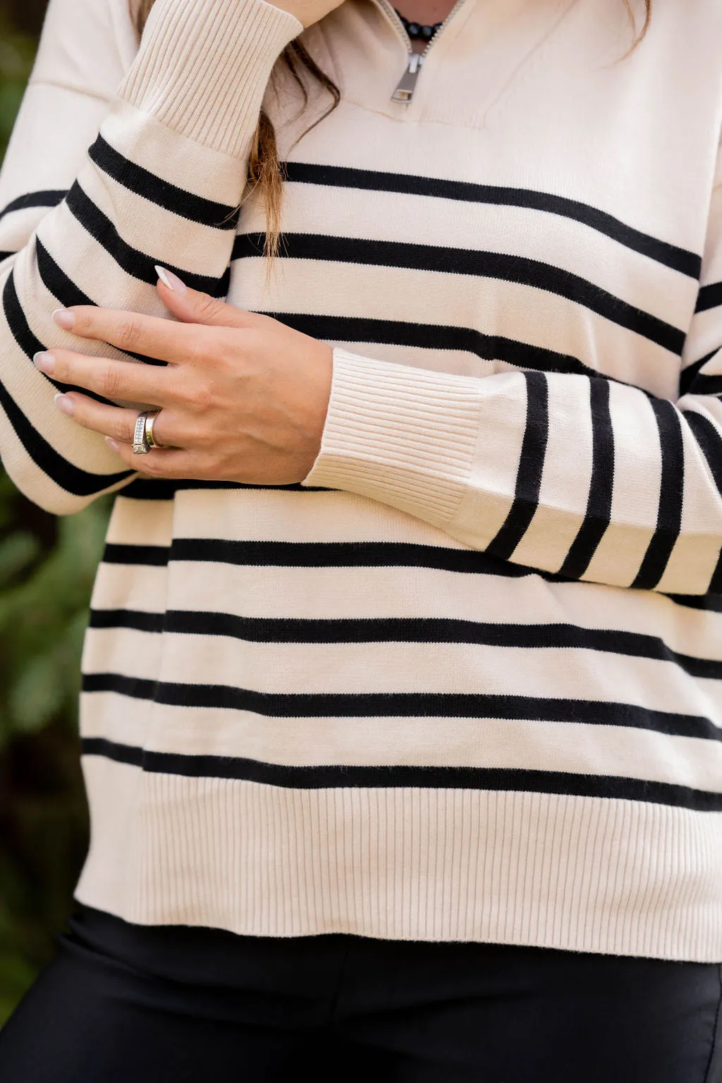 Striped Bottom Quarter Zip Pullover Sweatshirt