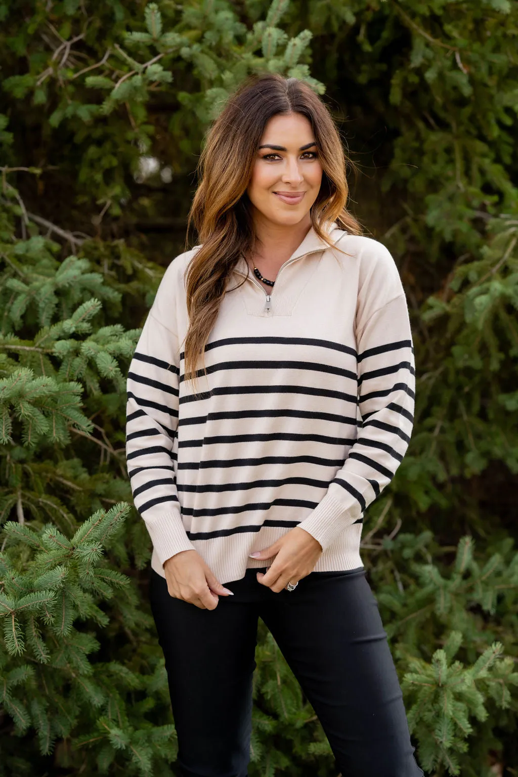 Striped Bottom Quarter Zip Pullover Sweatshirt