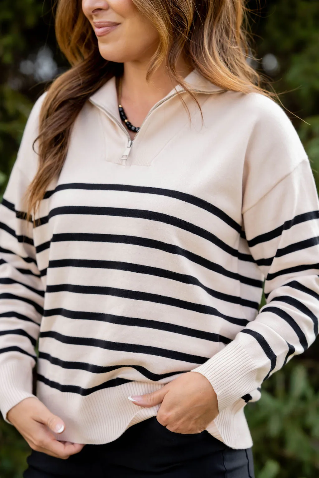 Striped Bottom Quarter Zip Pullover Sweatshirt