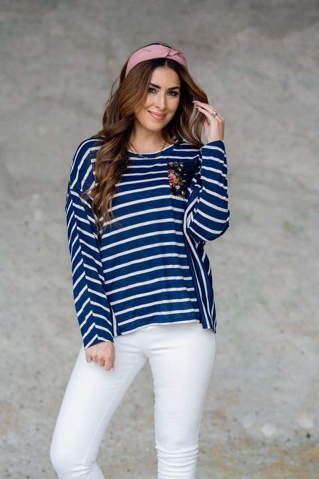 Striped Rose Accented Dolman Tee