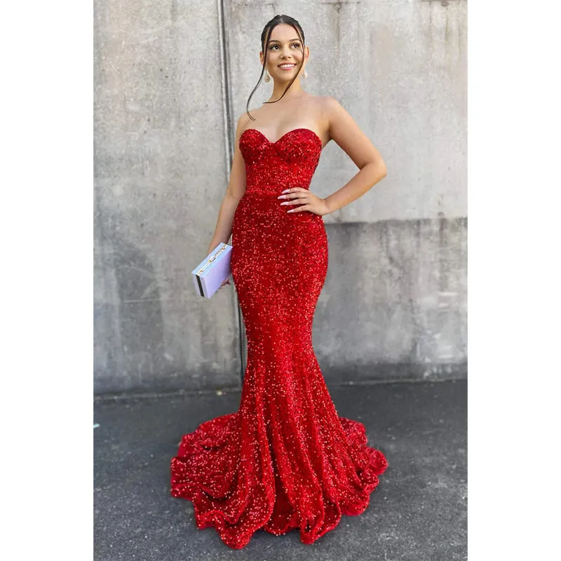Sweetheart Red Sequins Sparkly Prom Dress