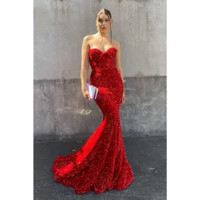 Sweetheart Red Sequins Sparkly Prom Dress