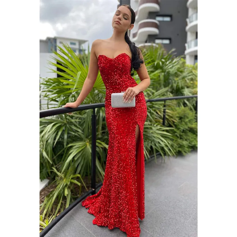 Sweetheart Red Sequins Sparkly Prom Dress
