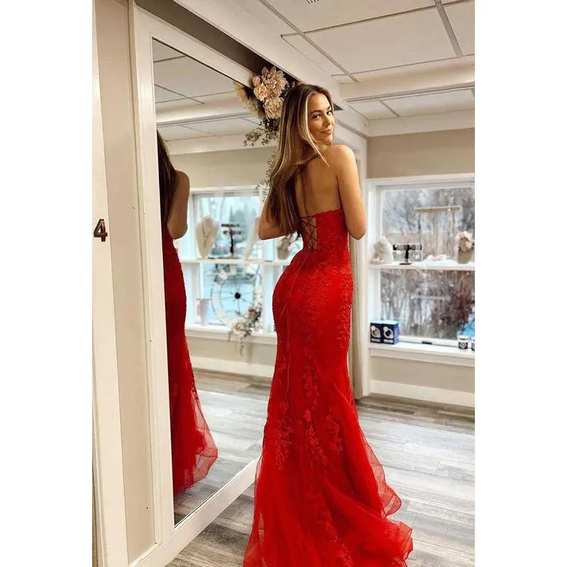 Sweetheart Strapless Lace Appliqued Tulle Long Prom Dress