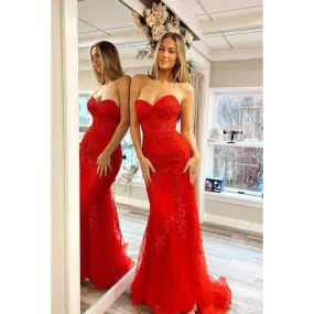 Sweetheart Strapless Lace Appliqued Tulle Long Prom Dress