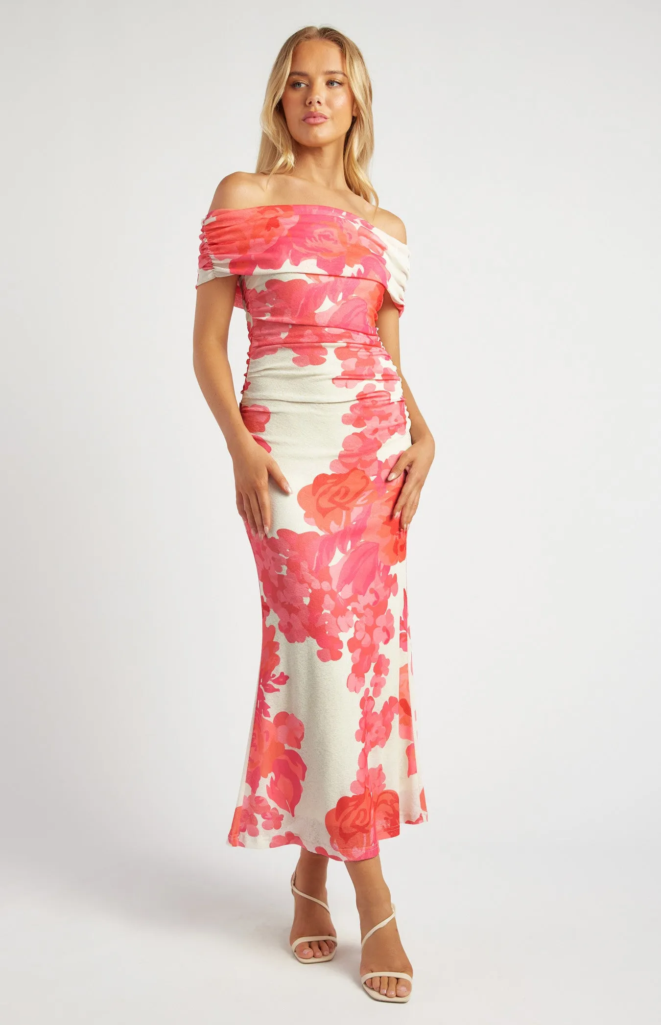 Tissue Jersey Off Shoulder Floral Print Maxi Dress