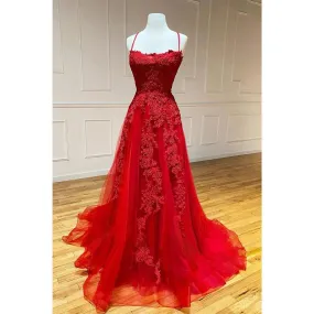 Unique Scoop Tulle Appliques Red Senior Prom Dress
