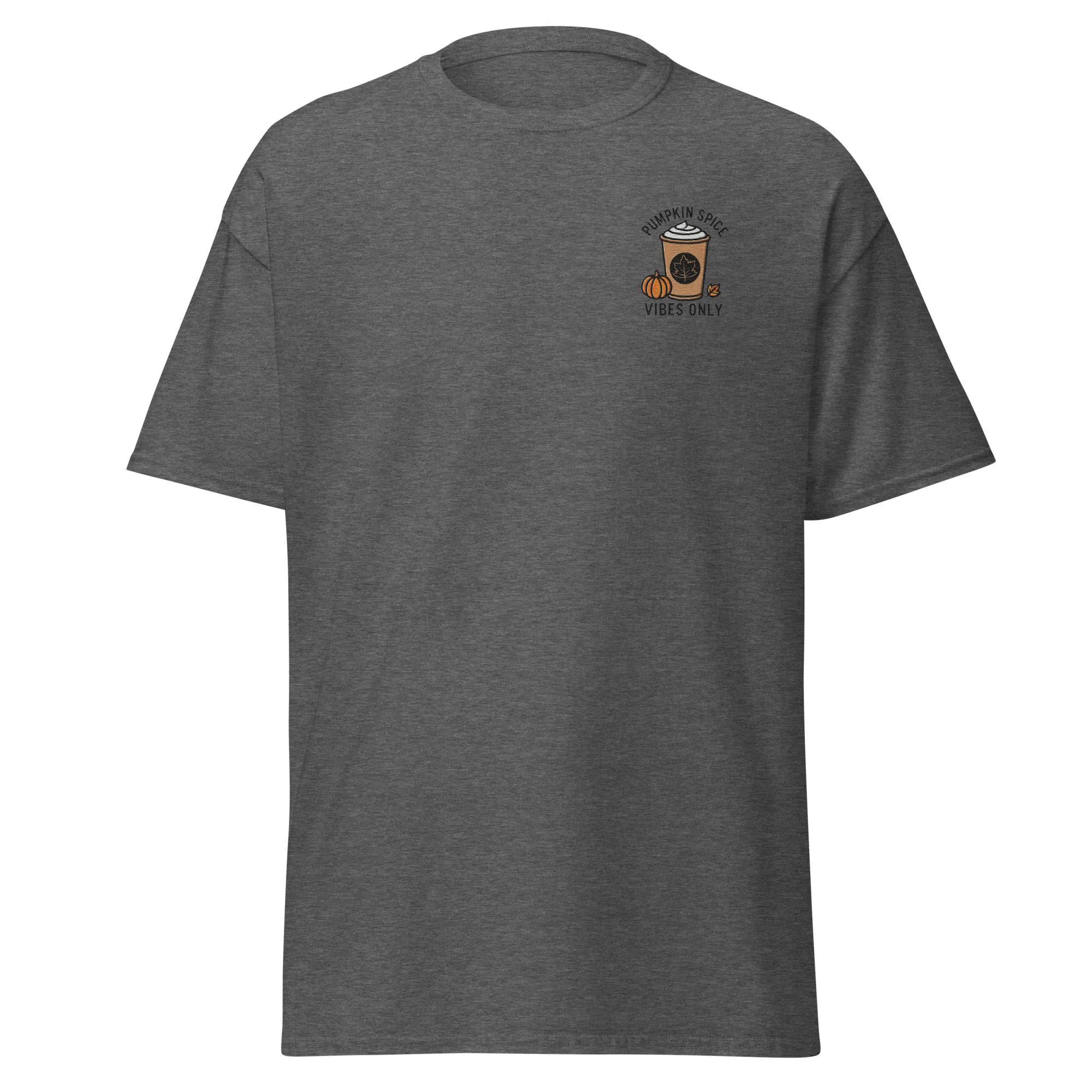 Unisex Fall Embroidered T-Shirt – "Pumpkin Spice Vibes" – Fun Fall Tee for Pumpkin Spice Lovers