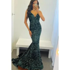 V-Neck Backless Sequined Mermaid Long Prom Dress With Sweep Train