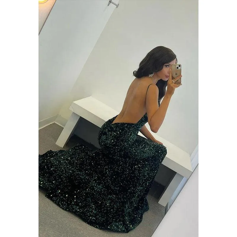 V-Neck Backless Sequined Mermaid Long Prom Dress With Sweep Train