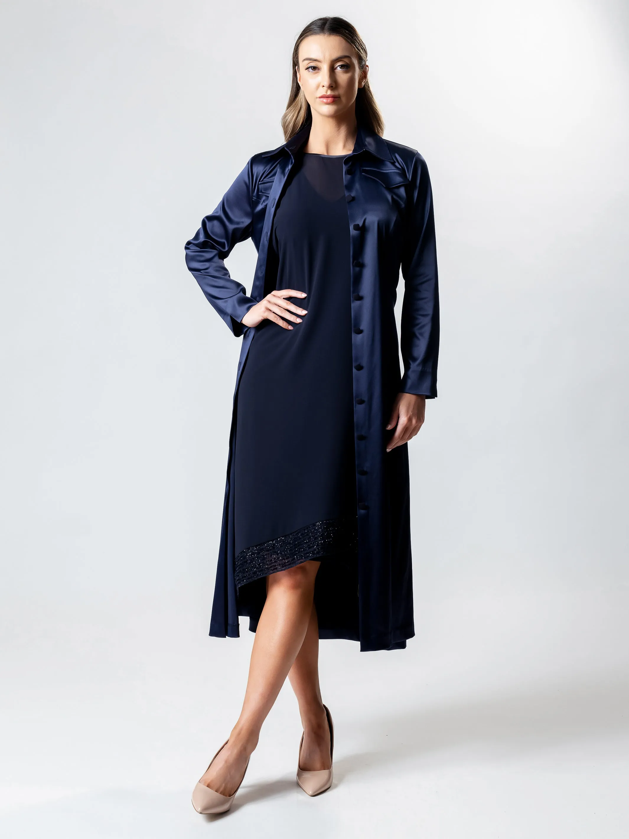 VANITY Long-Line Satin Coat Dress