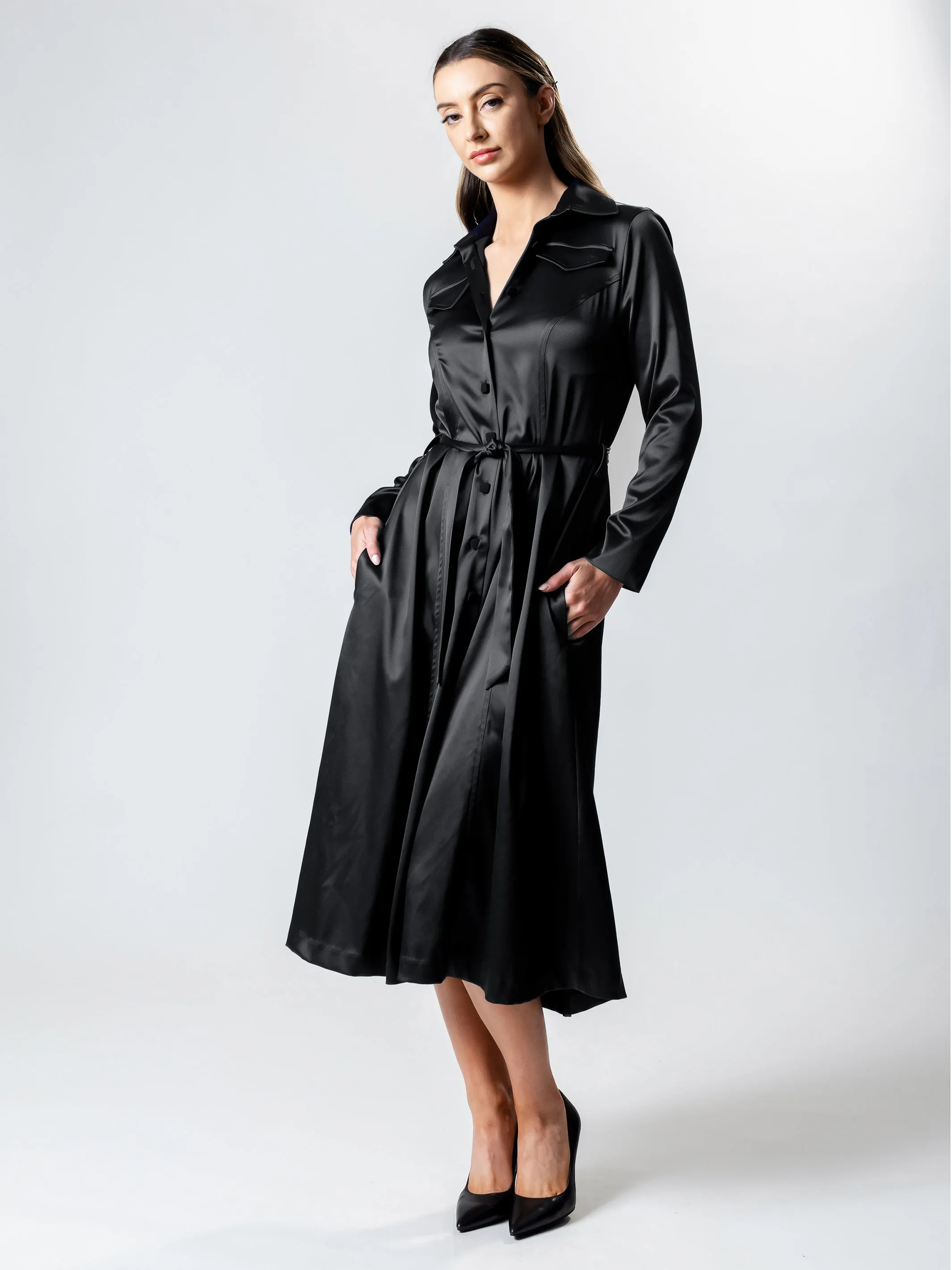 VANITY Long-Line Satin Coat Dress