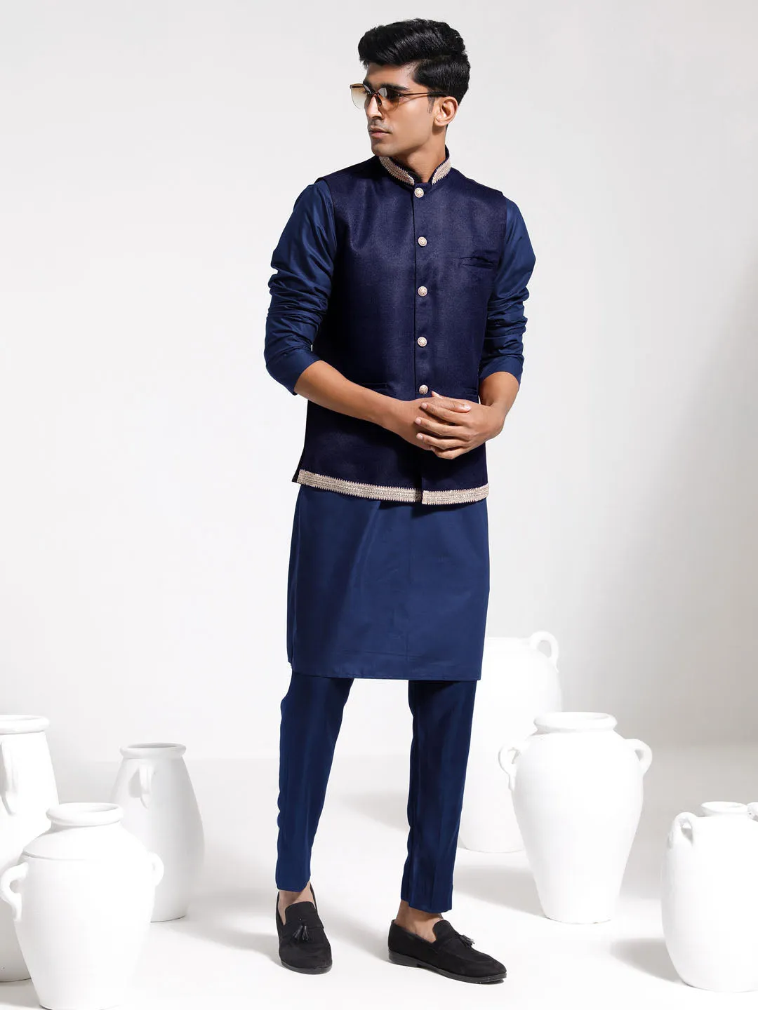 VASTRAMAY Men's Navy Blue Jute Nehru Jacket