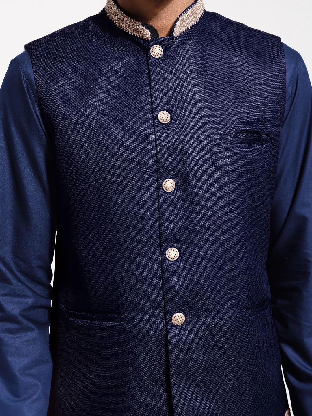 VASTRAMAY Men's Navy Blue Jute Nehru Jacket