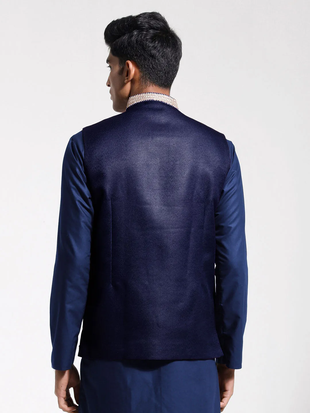 VASTRAMAY Men's Navy Blue Jute Nehru Jacket