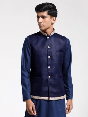 VASTRAMAY Men's Navy Blue Jute Nehru Jacket