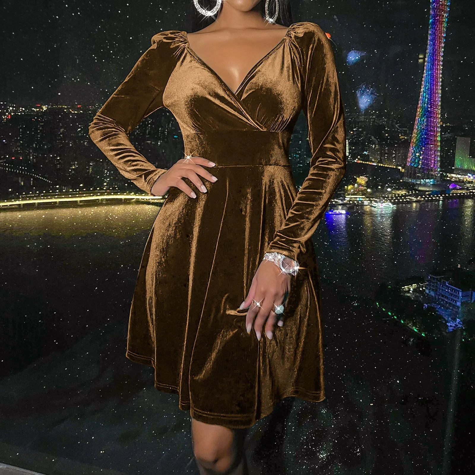 Velvet long sleeves v neck A-line mini dress | Fall winter evening prom party dress