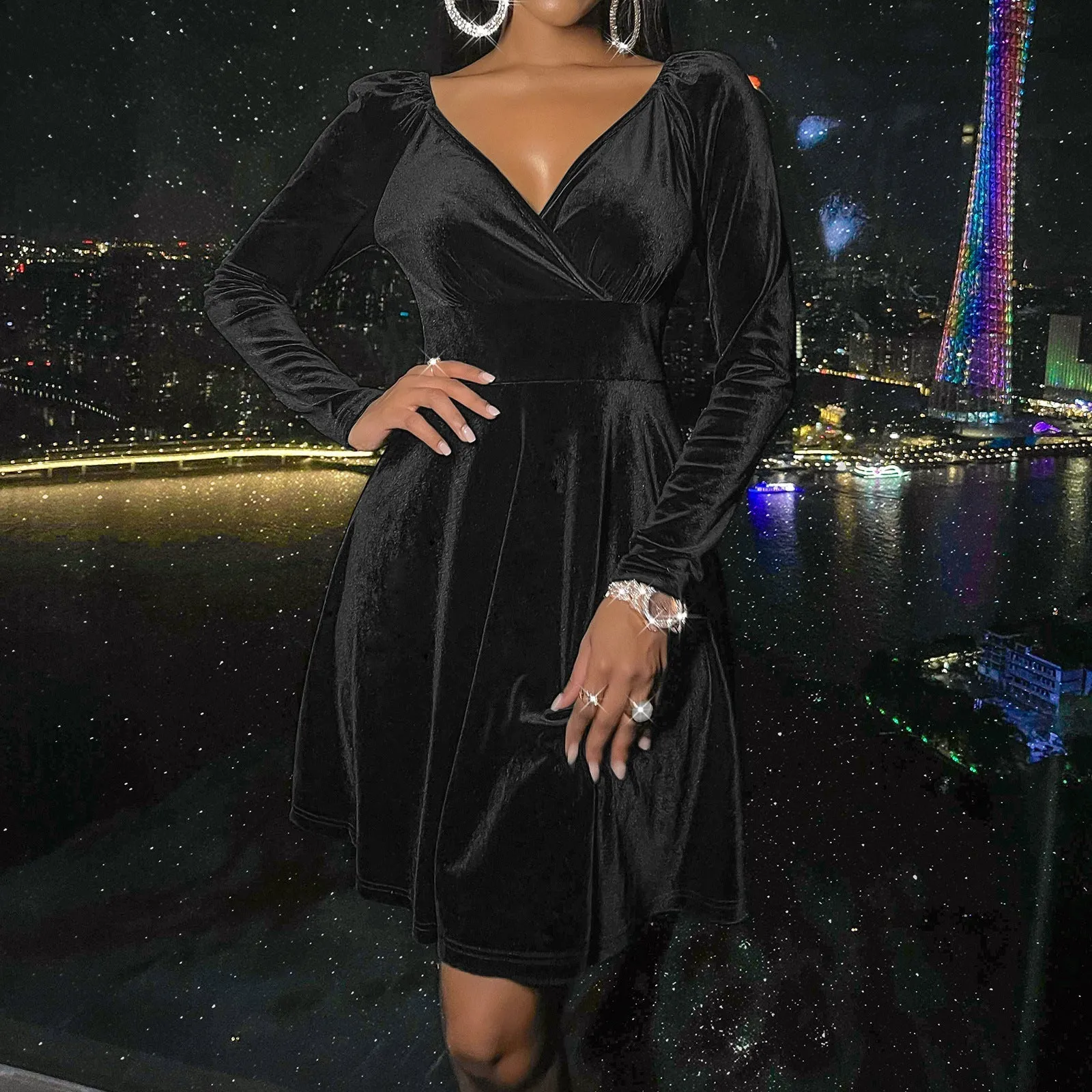 Velvet long sleeves v neck A-line mini dress | Fall winter evening prom party dress
