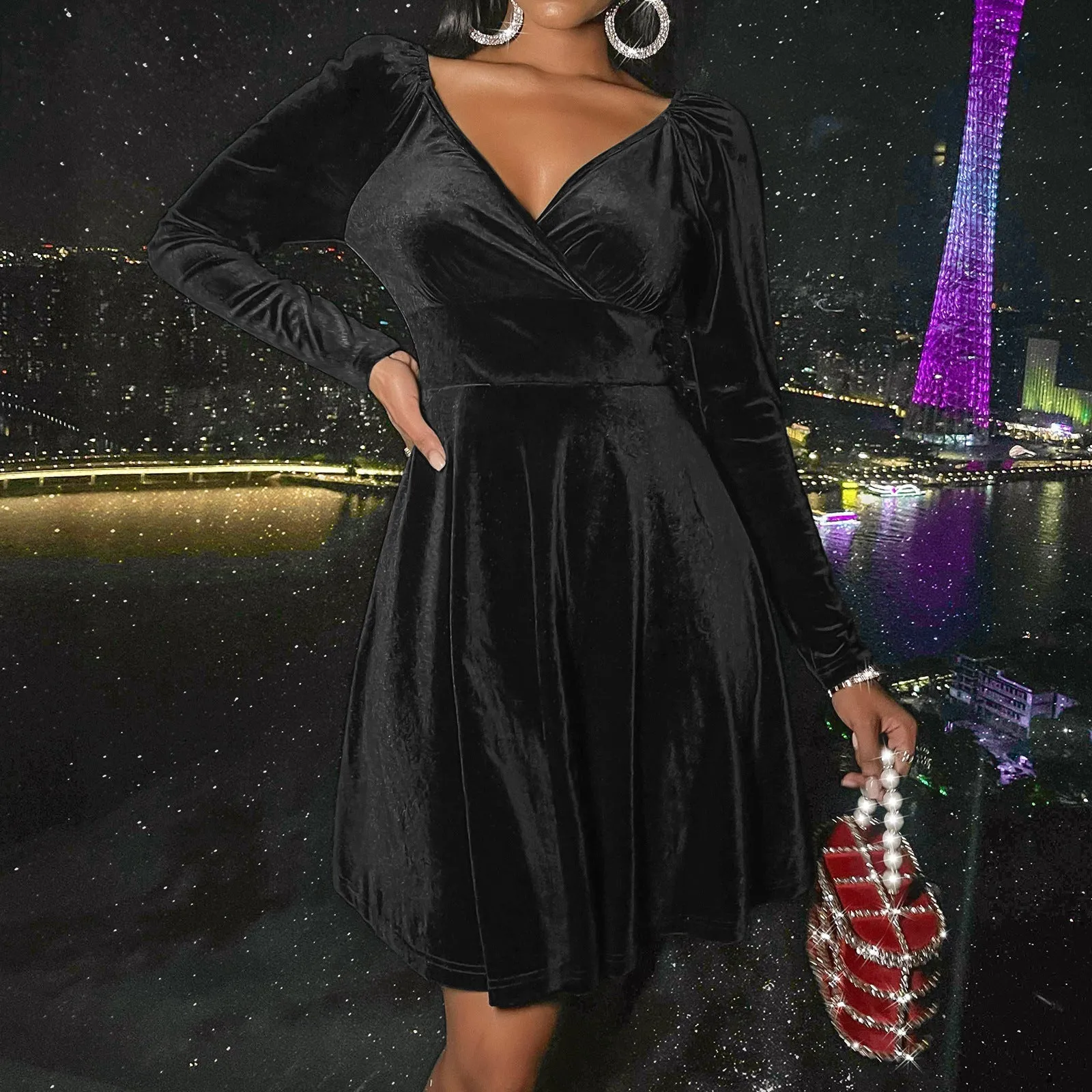 Velvet long sleeves v neck A-line mini dress | Fall winter evening prom party dress