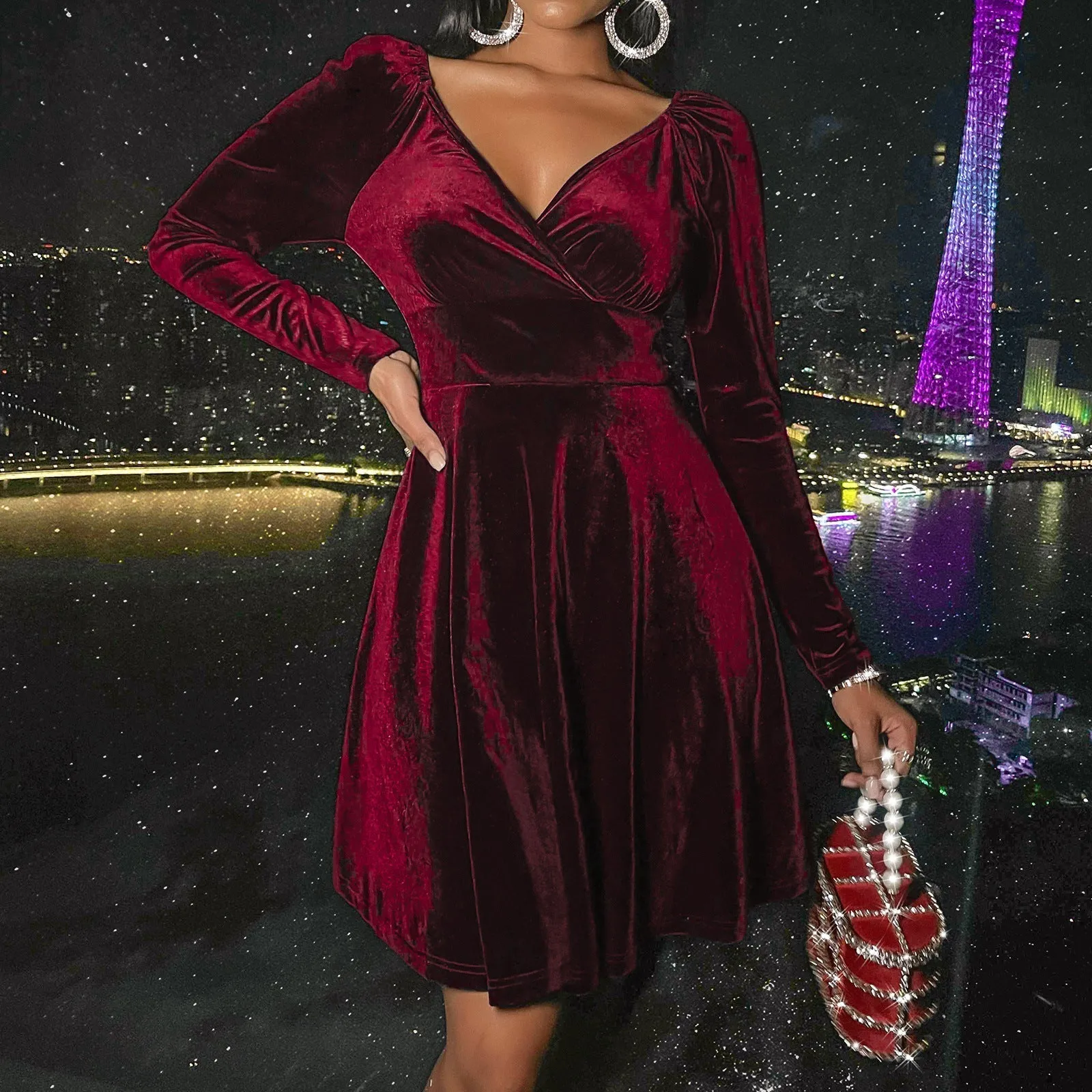 Velvet long sleeves v neck A-line mini dress | Fall winter evening prom party dress