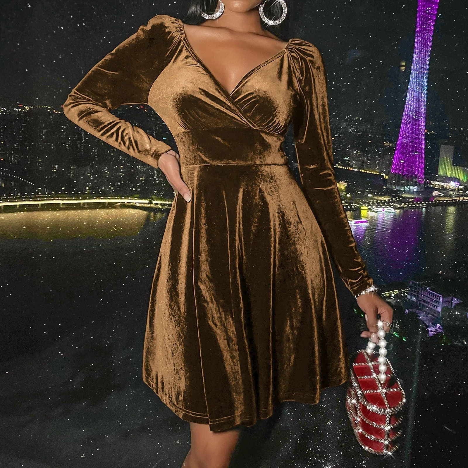 Velvet long sleeves v neck A-line mini dress | Fall winter evening prom party dress