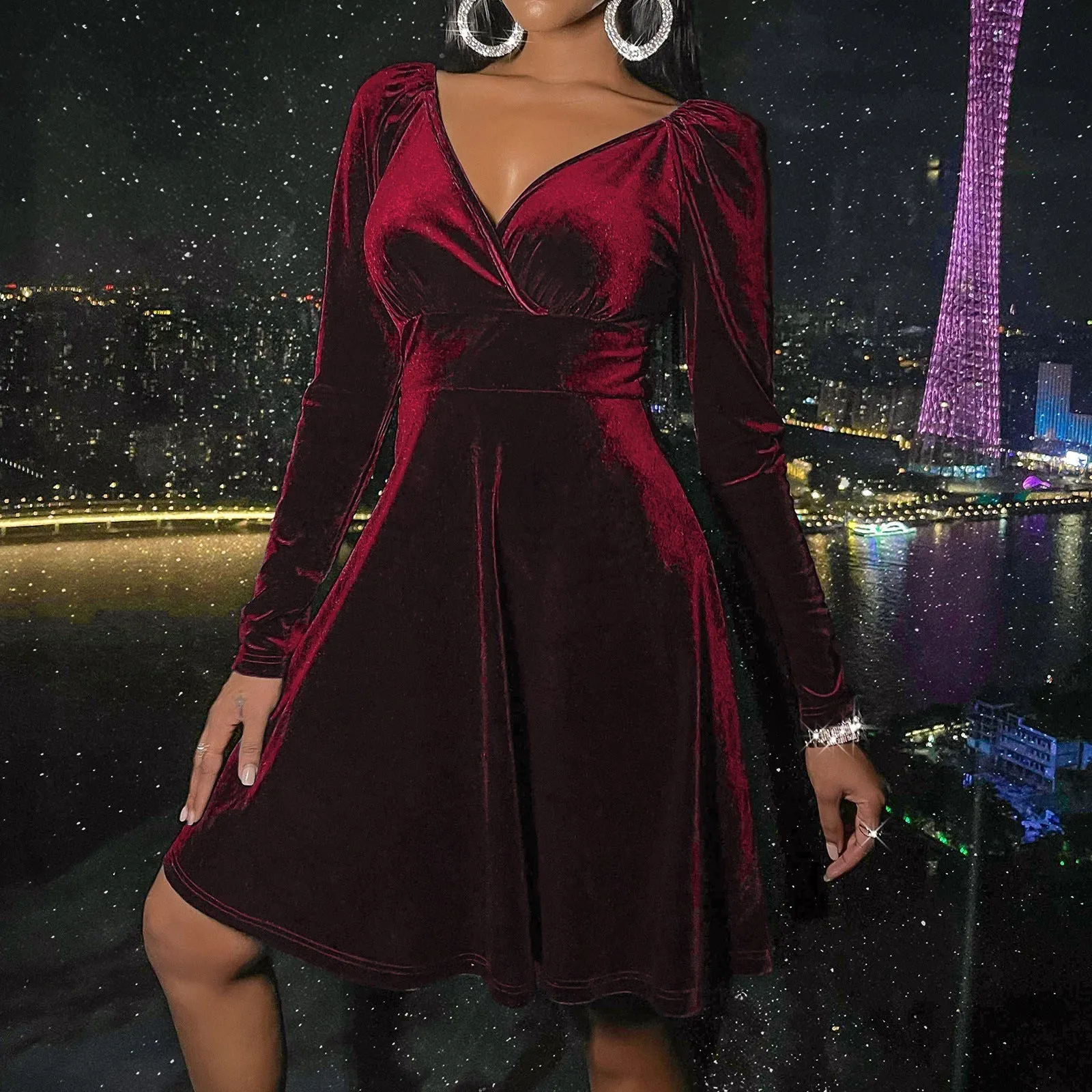 Velvet long sleeves v neck A-line mini dress | Fall winter evening prom party dress