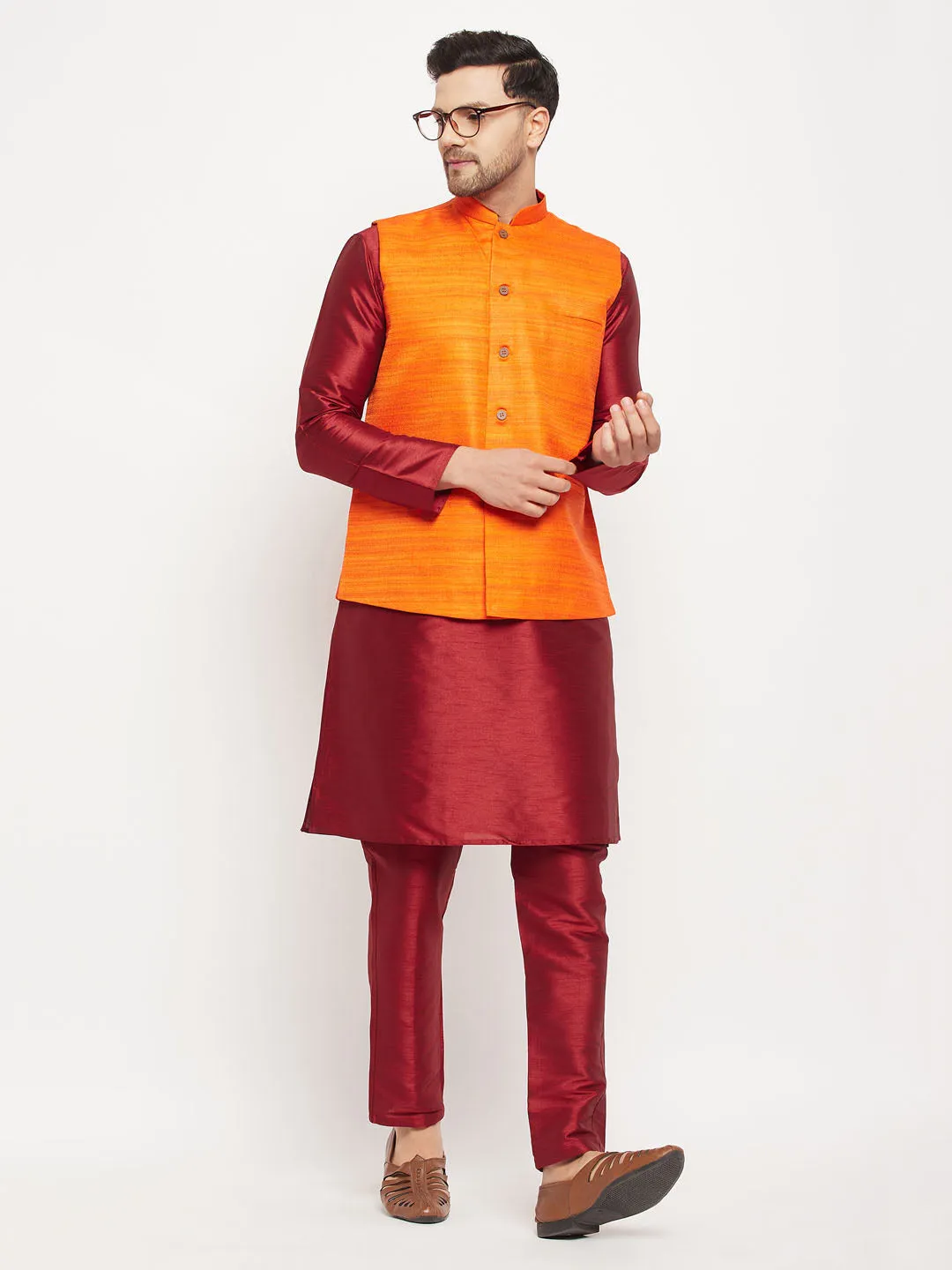 VM BY VASTRAMAY Men's Orange Matka Silk Nehru Jacket With Maroon Silk Blend Kurta and Pant style Pyjama Set