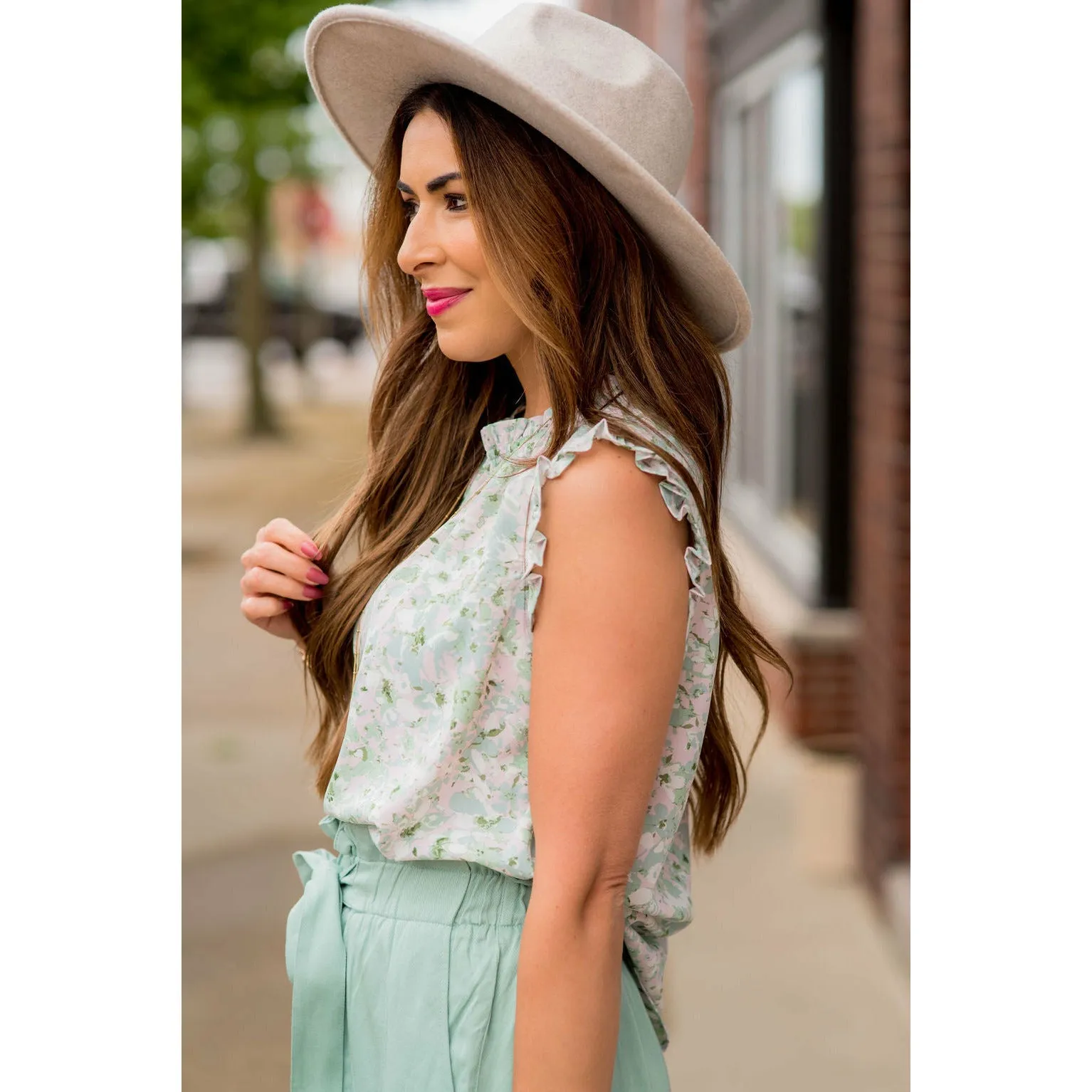 Watercolor Floral Ruffle Trim Tank