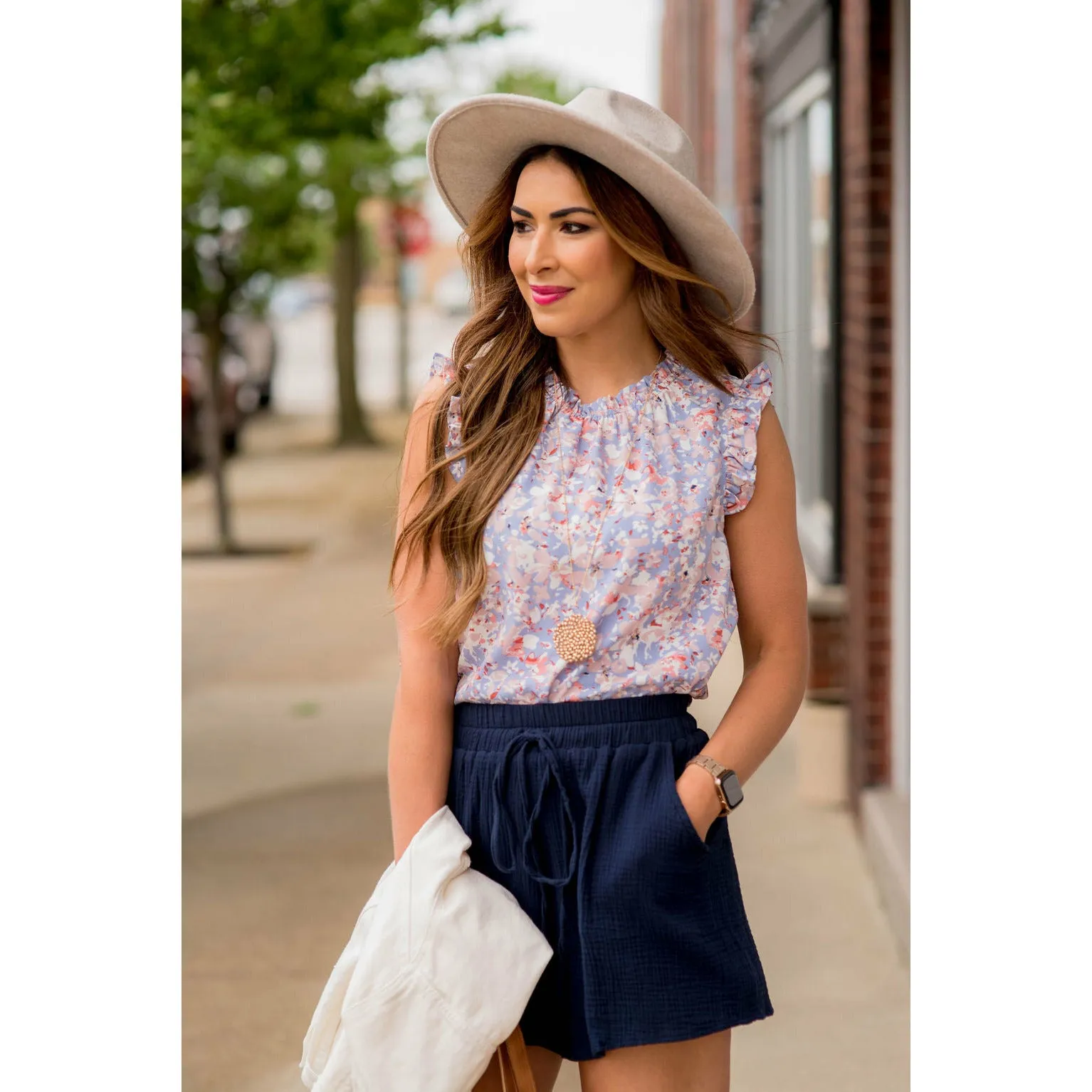 Watercolor Floral Ruffle Trim Tank