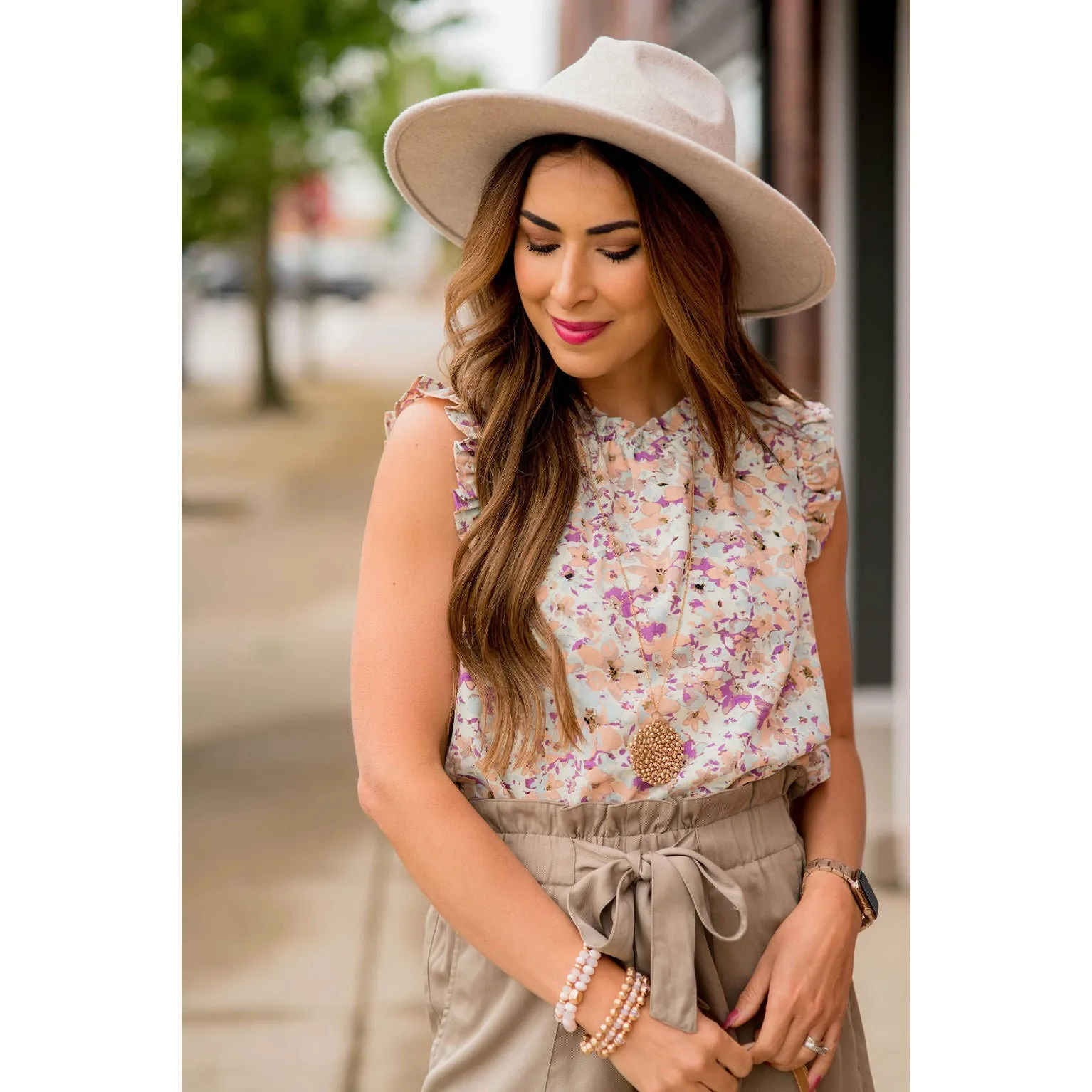 Watercolor Floral Ruffle Trim Tank