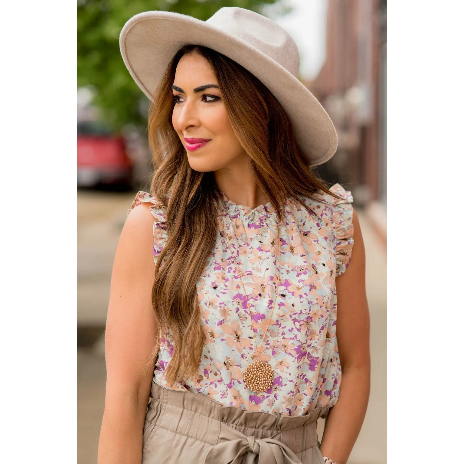 Watercolor Floral Ruffle Trim Tank